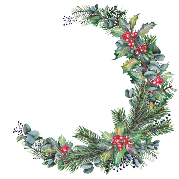 Christmas Wreath Pine Branches Holly Berries Eucalyptus Spruce Fir Branches — Stock Photo, Image