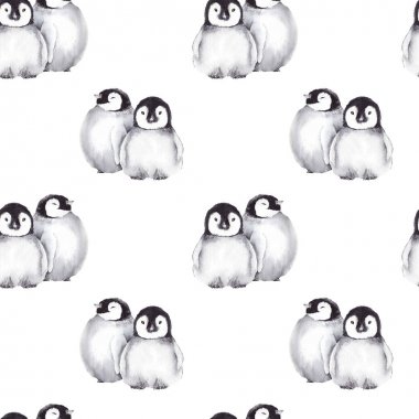 Sevimli bebek penguenleri ile Dikişsiz desen. Beyaz arka planda izole suluboya.