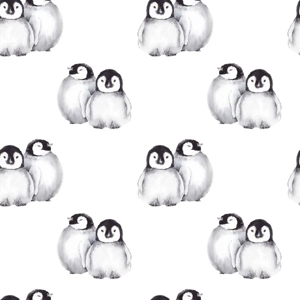Seamless pattern with cute baby penguins. Watercolor isolated on white background.