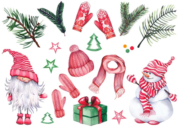Örme şapka, eşarp, eldivenler, Sevimli kardan adam, Iskandinav cüce, hediye kutusu ve dökmeyen dalları Noel seti. Beyaz üzerinde izole suluboya. 