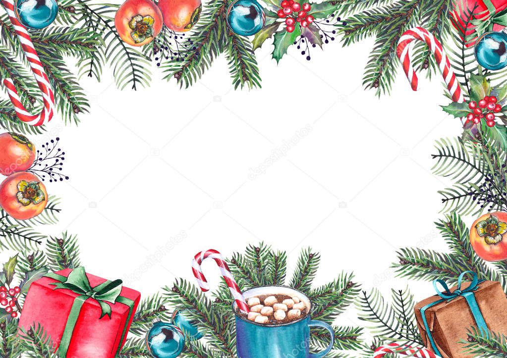 Christmas frame with fir branches, persimmon fruits, candy canes, coffee mug, holly berries, gift boxes and Christmas balls. Watercolor isolated on white background.