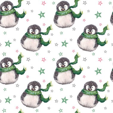 Örgü eşarp giyen sevimli karlı bebek penguenler ile dikişsiz desen. Beyaz arka planda yalıtılmış suluboya illüstrasyon.