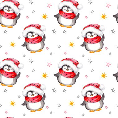 Kırmızı şapka ve eşarp giyen sevimli bebek penguenler ile dikişsiz desen. Beyaz arka planda yalıtılmış suluboya.