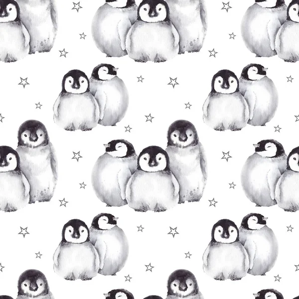 Seamless pattern with cute baby penguins and star shapes. Watercolor illustration isolated on white background.