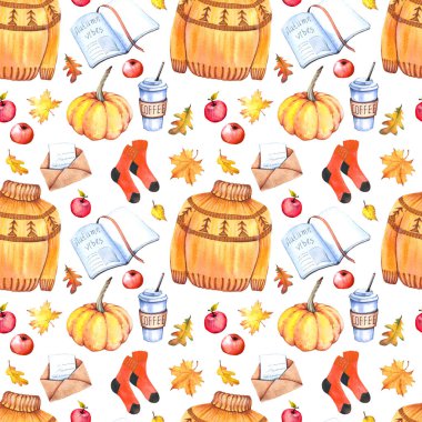 Rahat triko, çorap, kabak, posta zarfları, yazma defterleri, kahve fincanları, elma ve sonbahar yaprakları ile Dikişsiz desen. Beyaz arka planda yalıtılmış suluboya.