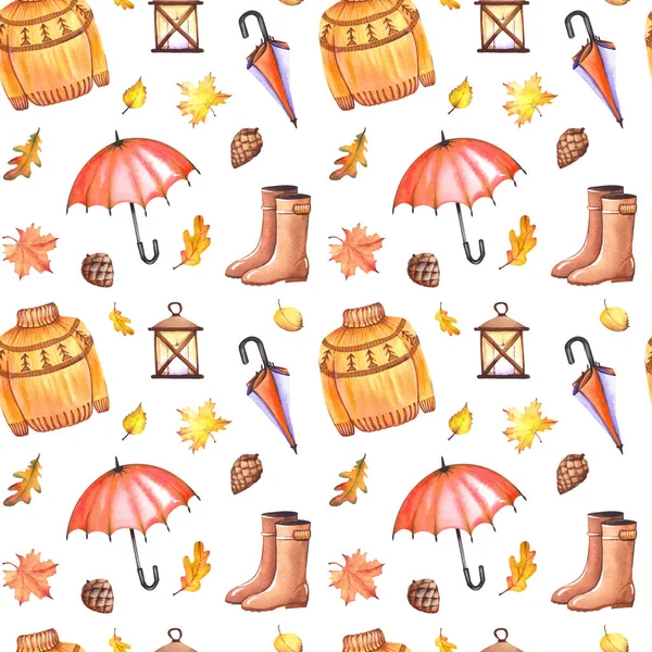 Seamless pattern with cozy sweaters, rubber boots, umbrellas, lanterns, pine cones and autumn leaves. Watercolor isolated on white background.