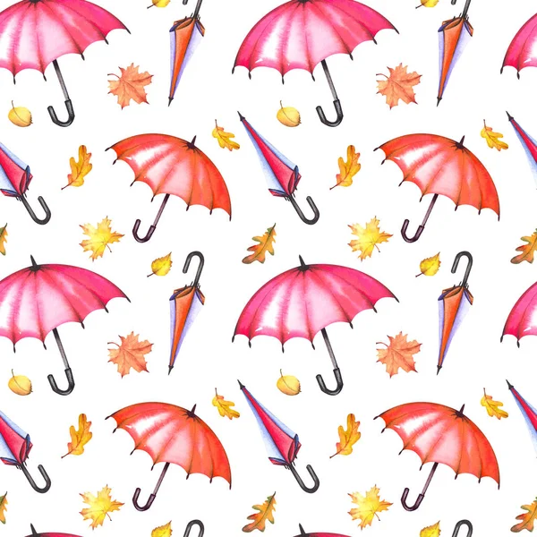 Бесшовный Узор Красочными Зонтиками Осенними Листьями Акварель Белом Фоне — стоковое фото