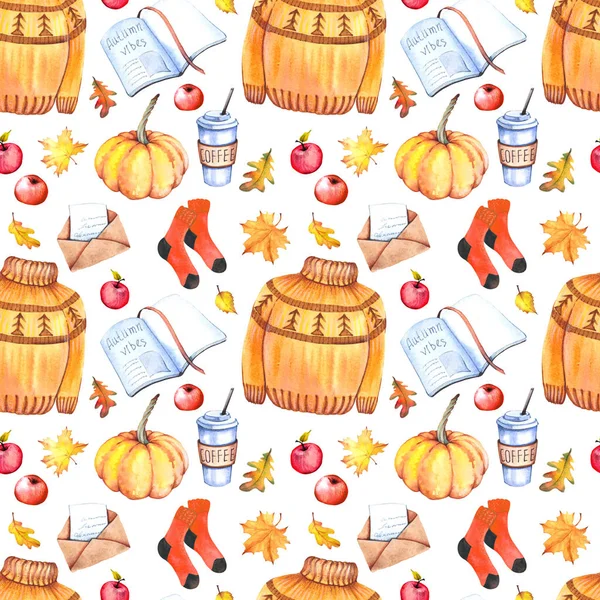 Seamless pattern with cozy knitwear, socks, pumpkins, postal envelopes, writing notebooks, coffee cups, apples and autumn leaves. Watercolor isolated on white background.