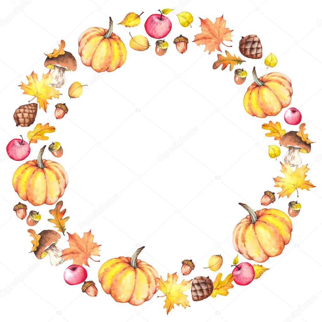 Autumn wreath with pumpkins, apples, pine cones, acorns, mushrooms and colorful autumn leaves. Watercolor isolated on white background.
