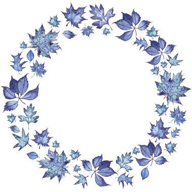 Koyu mavi yaprak koleksiyonu ile orman çelenk. Beyaz arka planda yalıtılmış suluboya.