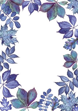 Koyu mavi yaprakları ile suluboya çerçeve. Beyaz arka planda yalıtılmış elle çizilmiş çizim.