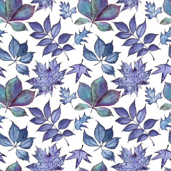 Seamless pattern with dark blue leaf collection. Watercolor illustration isolated on white background.