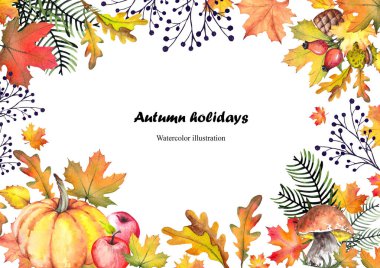 Renkli yaprakları, kabakları, mantarları, elmaları ve dalları ile sonbahar kartı. Beyaz arka planda yalıtılmış suluboya.