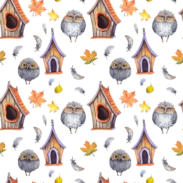 Seamless pattern with cute owls, birdhouses, feathers and colorful autumn leaves. Watercolor illustration isolated on white background.