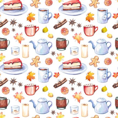 Kahve fincanları, çay, sıcak çikolata, cheesecakes, mumlar ve renkli sonbahar yaprakları ile Dikişsiz desen. Beyaz arka planda yalıtılmış suluboya illüstrasyon.