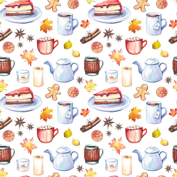 Naadloos Patroon Met Koffie Kopjes Thee Warme Chocolademelk Cheesecakes Kaarsen — Stockfoto