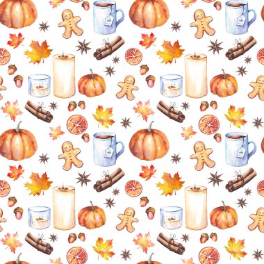 Pumpkings, çay kupaları, zencefil çerez, tarçın, mumlar ve renkli sonbahar yaprakları ile Dikişsiz desen. Beyaz arka planda yalıtılmış suluboya illüstrasyon.