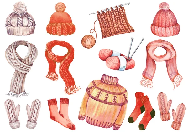 Sada Pletených Oděvů Šátky Kloboučků Palčáků Ponožek Pletených Nití Akvarel — Stock fotografie