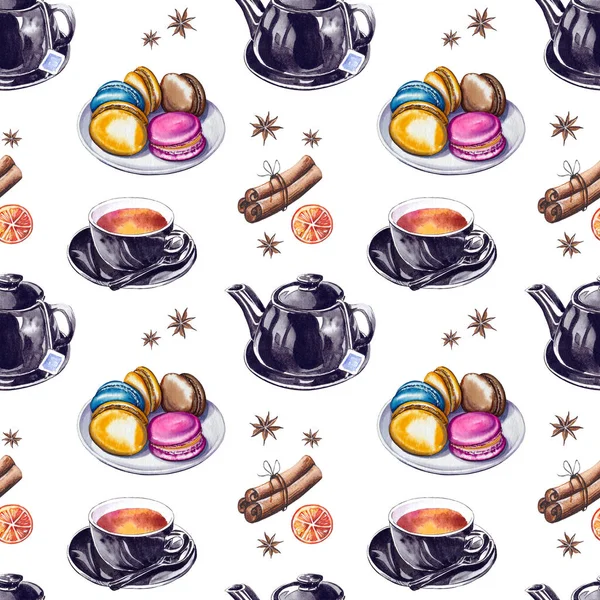 Siyah çay fincanları, çaydanlıklar, renkli makaronlar, kuru portakal dilimleri ve tarçın ile dikişsiz desen. Beyaz arka planda yalıtılmış suluboya illüstrasyon.