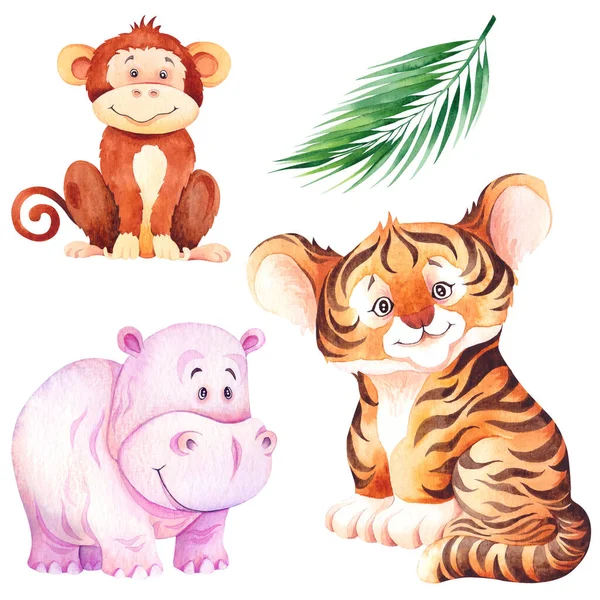 Petit tigre, hippopotame et petit singe. Animaux de dessin animé tropicaux . — Photo