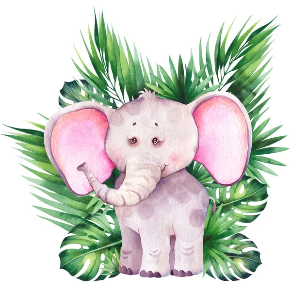 Pequeño elefante de dibujos animados con hojas de palma tropical . — Foto de Stock