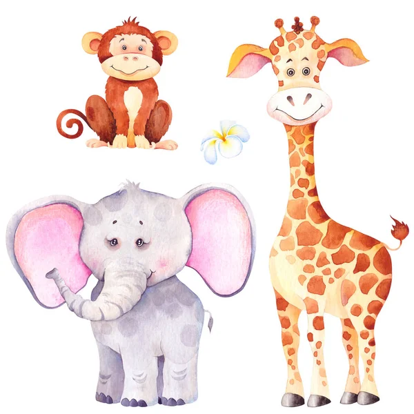 Little giraffe, elephant and monkey. African cartoon animal cubs. — Stock Photo, Image
