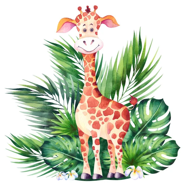 Mała kreskówka żyrafa i zielone liście tropikalne. — Zdjęcie stockowe
