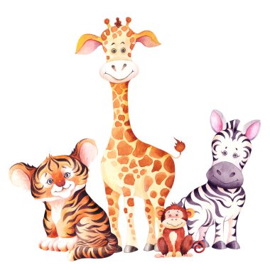 Şirin zürafa, zebra, kaplan ve maymun yavruları..
