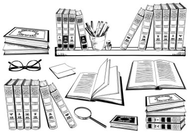 Kitap seti, gözlük ve kitaplık..