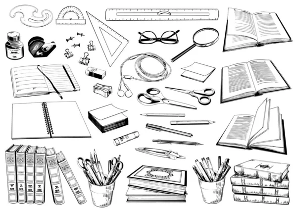Zestaw materiałów szkolnych i biurowych. Kolekcja artykułów piśmiennych. — Wektor stockowy