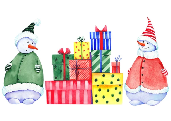 Χαριτωμένο χιονάνθρωποι με πολύχρωμα δώρα Χριστουγέννων. — Φωτογραφία Αρχείου