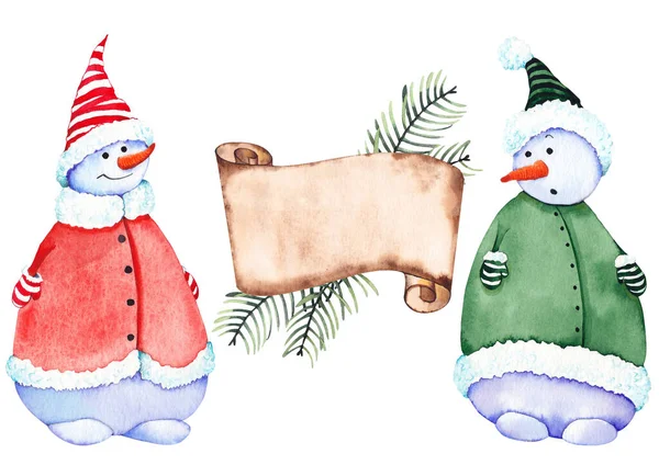 Grappige sneeuwpoppen en perkament lint banner. — Stockfoto