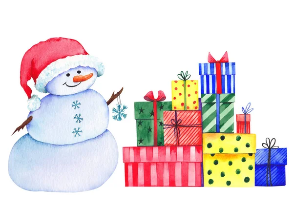 Χαριτωμένο χιονάνθρωπο με πολύχρωμα κουτιά δώρο Χριστουγέννων. — Φωτογραφία Αρχείου