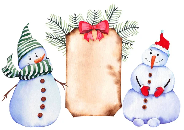 Kerstsneeuwpoppen en perkament wenskaart. — Stockfoto
