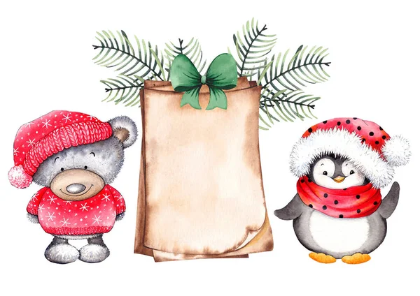 Cartão de Natal com ursinho de pelúcia, pinguim e pergaminho . — Fotografia de Stock