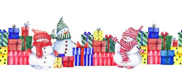 Endlose Grenze mit lustigen Schneemännern und Weihnachtsgeschenkboxen. — Stockfoto