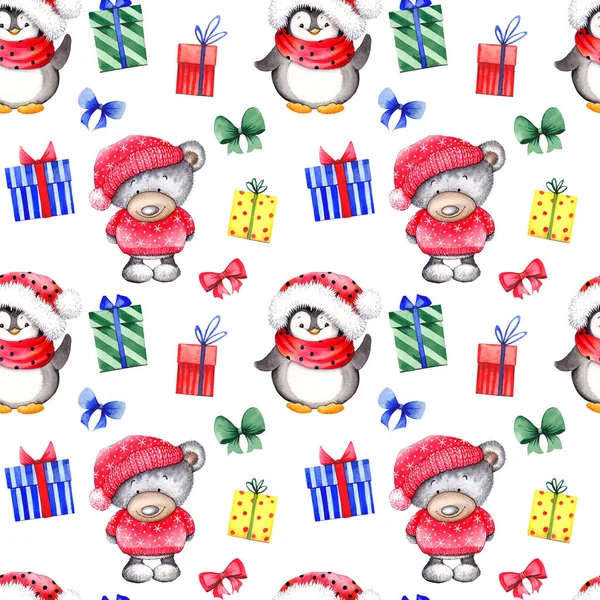 Seamless pattern with cute teddy bears, penguins and gift boxes. — Stock Photo, Image