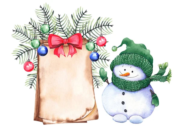 Bonito boneco de neve, pergaminho cartão e decoração de Natal . — Fotografia de Stock