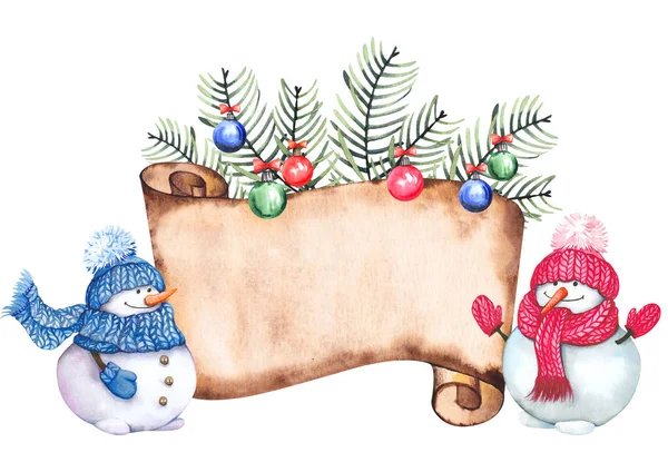 Karácsonyi hóember és pergamen üdvözlőlap. — Stock Fotó