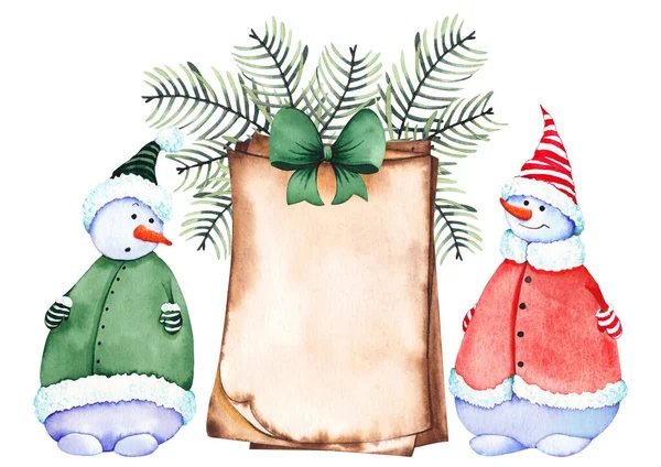 Bonecos de neve de Natal com cartão de saudação pergaminho . — Fotografia de Stock