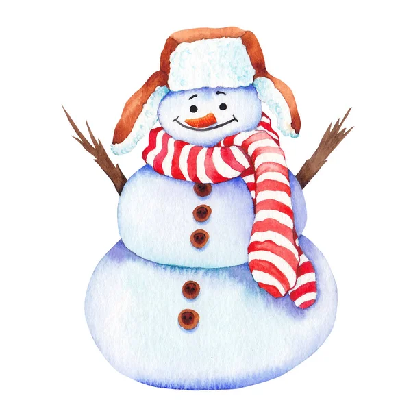 Snowman wearing shapka and red striped scarf. — Stock Photo, Image