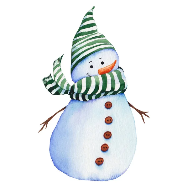 Boneco de neve usando chapéu listrado verde e cachecol . — Fotografia de Stock