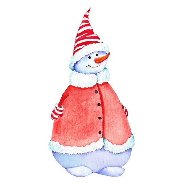 Pupazzo di neve con cappotto rosso e cappello. — Foto Stock