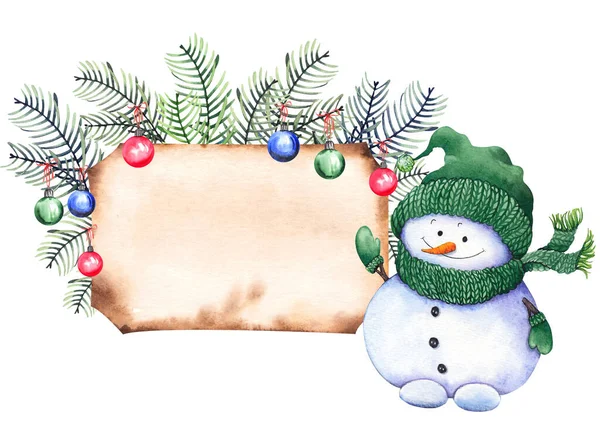 Carino piccolo pupazzo di neve, pld pergamena biglietto di auguri e decorazione di Natale. — Foto Stock