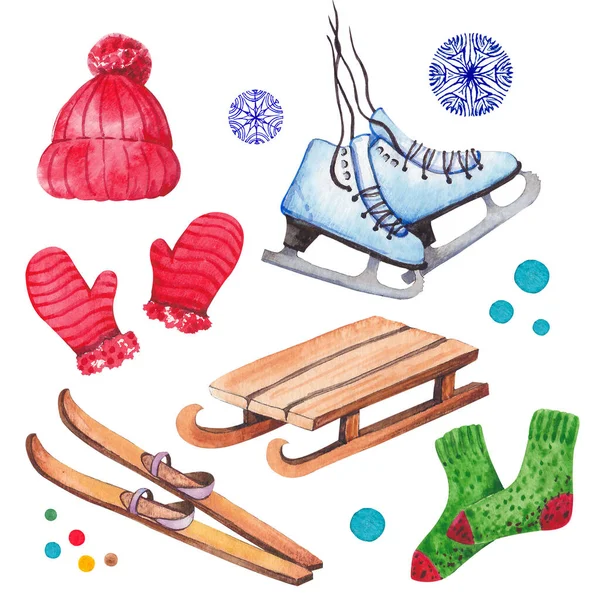 Set wintersportartikelen, schaatsen, skiën, houten slee en gebreide kleding. — Stockfoto