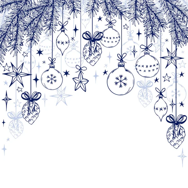 Χριστουγεννιάτικη κάρτα με νιφάδες χιονιού, μπάλες, κλαδιά ελάτης και κώνους. — Διανυσματικό Αρχείο