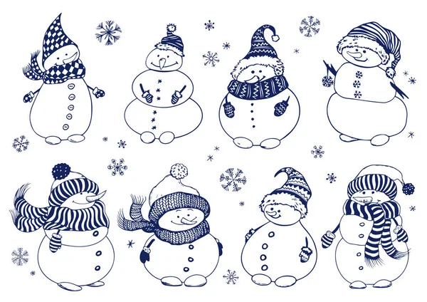 Śmieszne doodle bałwany do projektowania Bożego Narodzenia. — Wektor stockowy