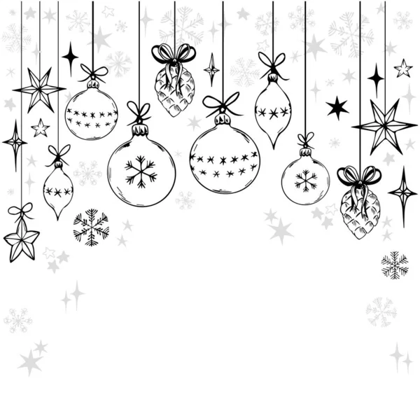 Biglietto di Natale con decorazione disegnata doodle, palline, fiocchi di neve e stelle. — Vettoriale Stock