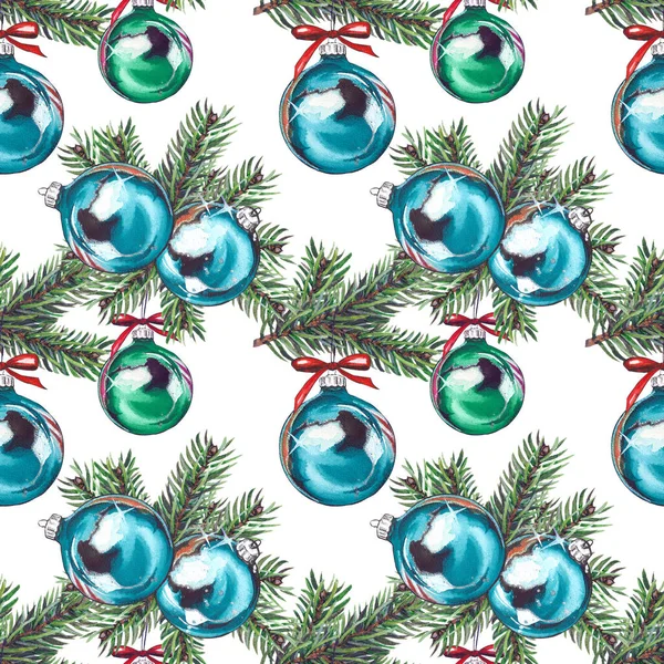 Nahtloses Muster mit Weihnachtskugeln und Tannenzweigen. — Stockfoto