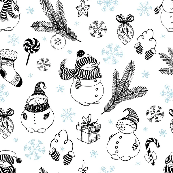 Płynny wzór z bałwanami doodle i dekoracji świątecznej. — Wektor stockowy
